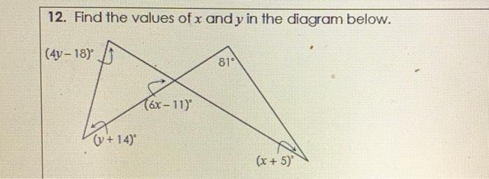 Solved 12. Find the values of x and y in the diagram below. | Chegg.com