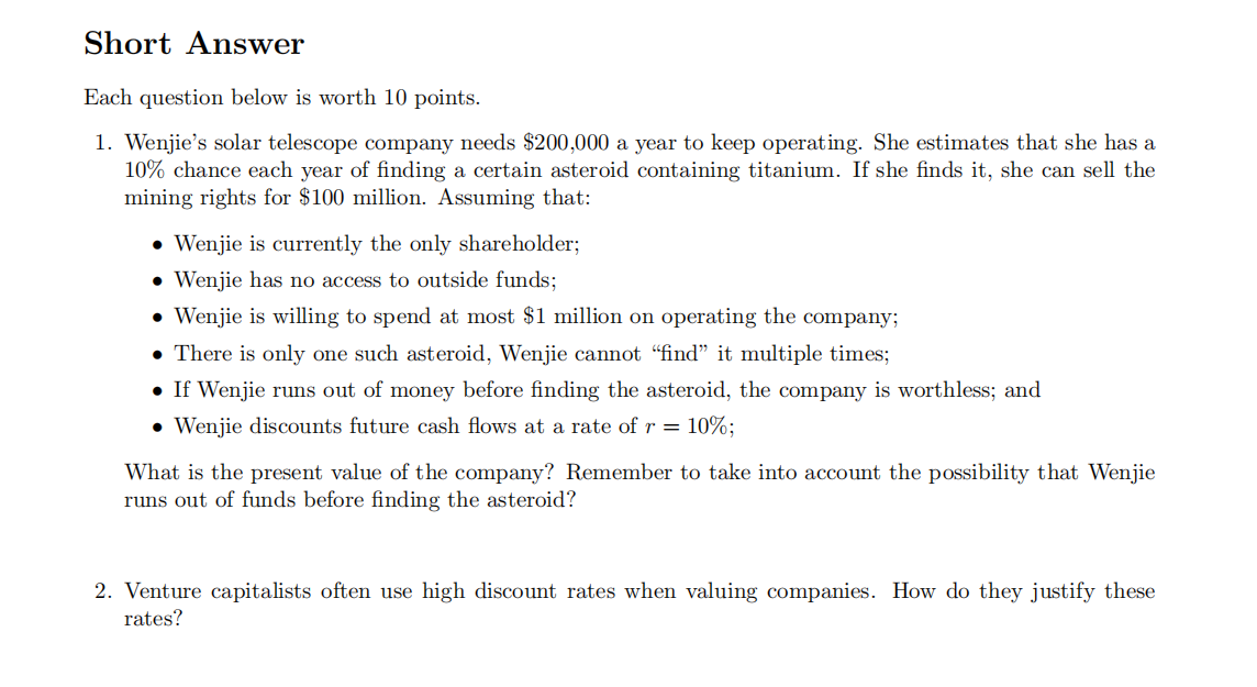 Solved Short Answer Each question below is worth 10 points. | Chegg.com
