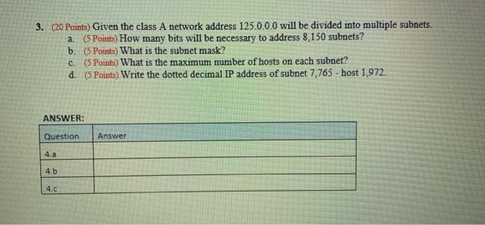 Solved 3. (20 Points) Given the class A network address | Chegg.com