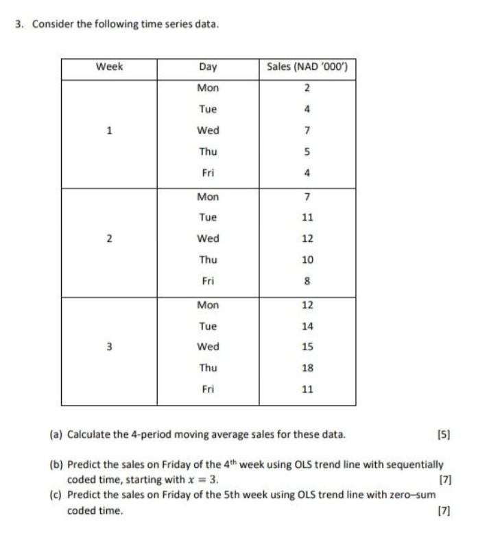 Solved 3. Consider the following time series data. Week Day | Chegg.com