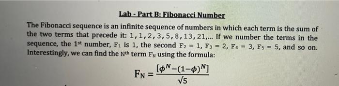 Solved Lab - Part B: Fibonacci Number The Fibonacci sequence | Chegg.com
