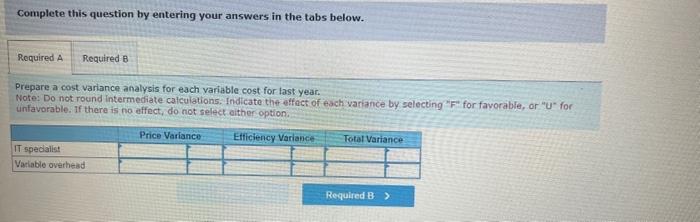 Complete this question by entering your answers in the tabs below.
Prepare a cost variance analysis for each variable cost fo