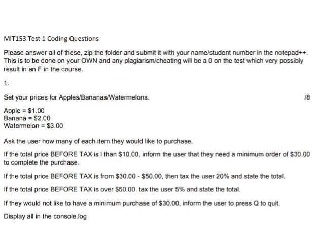 Solved 18 MIT153 Test 1 Coding Questions Please answer all | Chegg.com