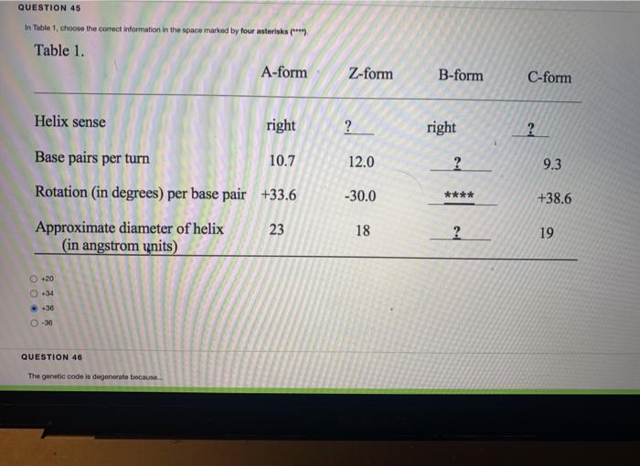 QUESTION 45 in Table 1, choose the correct information in the space marked by four asterisk (*) Table 1. A-form Z-form B-form