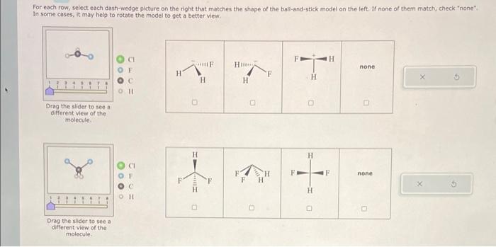 For each row, select each dash-wedge plicture on the right that matches the shape of the ball-and-stick model on the left. If