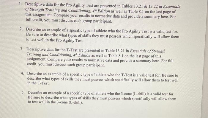 Solved 1. Descriptive data for the Pro Agility Test are | Chegg.com