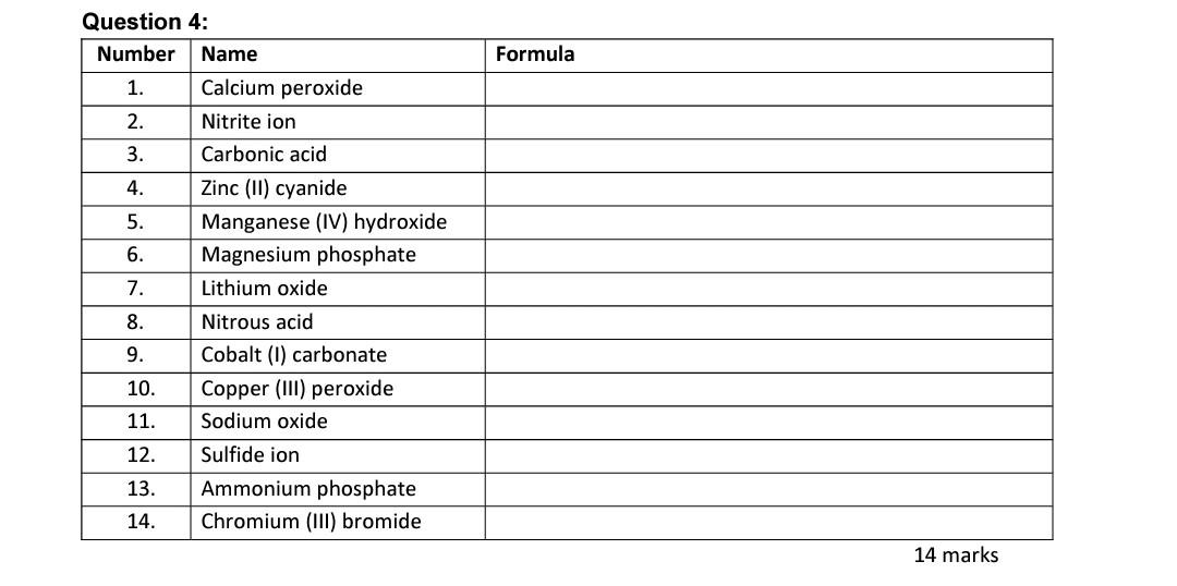 Solved Formula Question 4 Number Name 1. Calcium peroxide