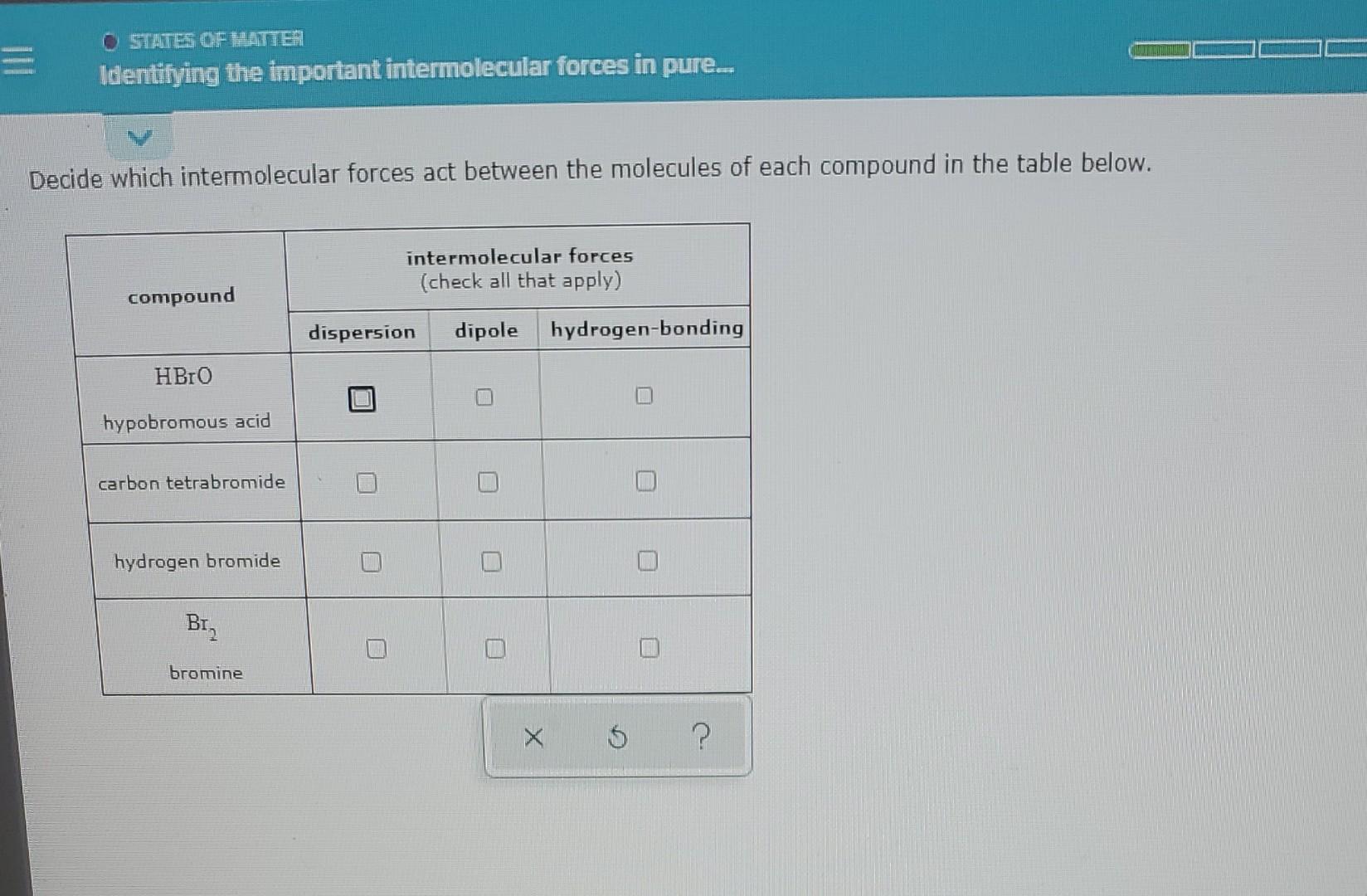 Decide which intermolecular forces act between the molecules of each compound in the table below.