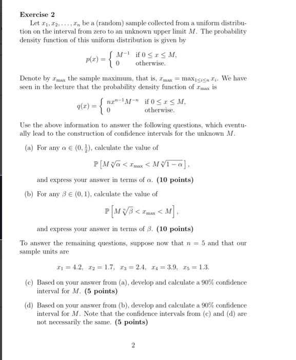 Solved Exercise 2 Let x1,x2,…,xn be a (random) sample | Chegg.com