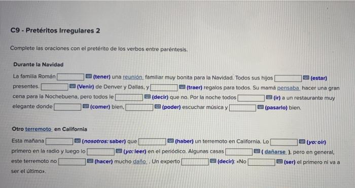 C9 - Pretéritos Irregulares 2 Complete Las Oraciones | Chegg.com