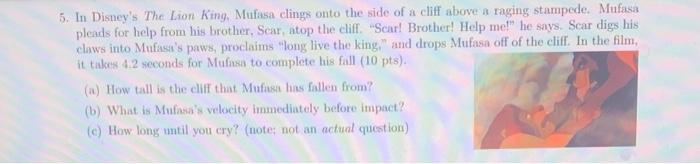 5. In Disneys The Lion King, Mufasa clings onto the side of a cliff above a raging stampede. Mufasa pleads for help from his