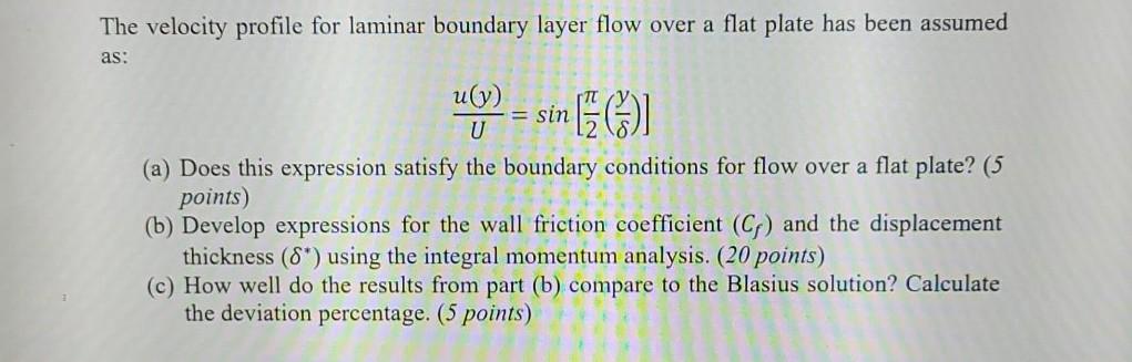 Solved The velocity profile for laminar boundary layer flow | Chegg.com
