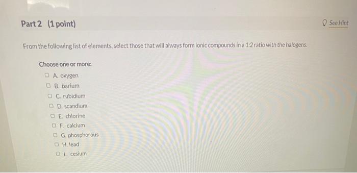 Solved Part 2 (1 point) See Hint From the following list of | Chegg.com