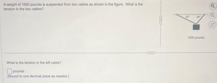 solved-a-weight-of-1500-pounds-is-suspended-from-two-cables-chegg