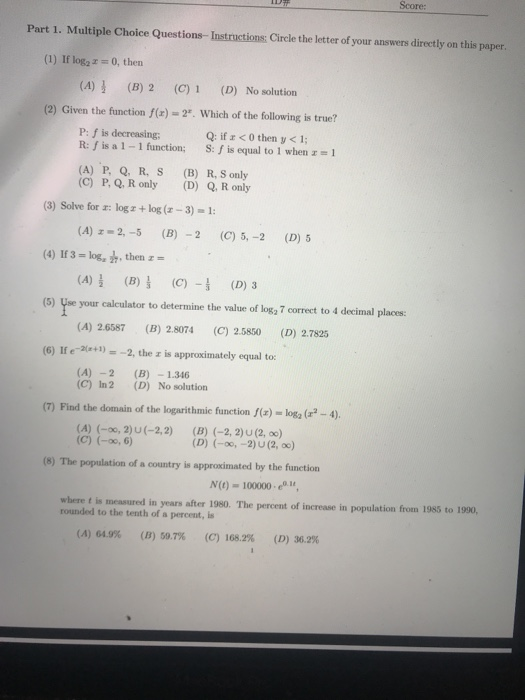 Solved Score: Part 1. Multiple Choice Questions - | Chegg.com