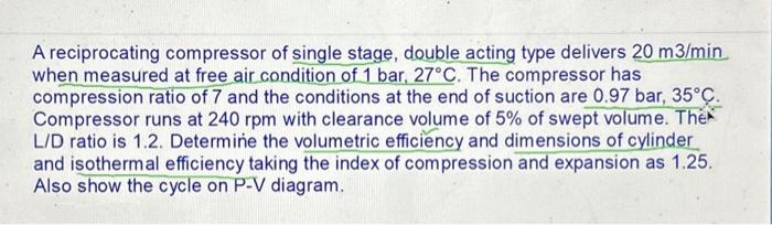 Solved A reciprocating compressor of single stage, double | Chegg.com