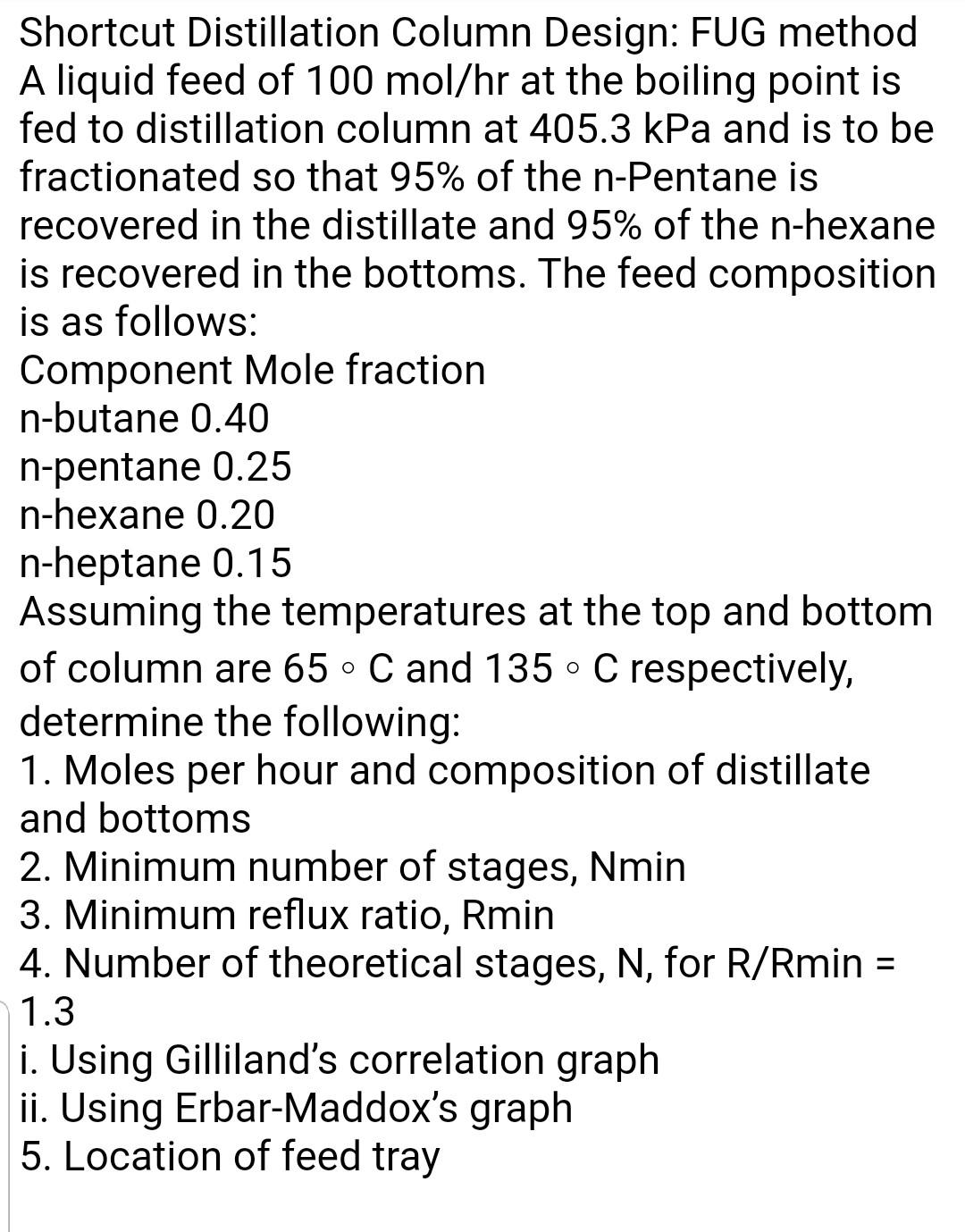 Solved Shortcut Distillation Column Design: FUG Method A | Chegg.com