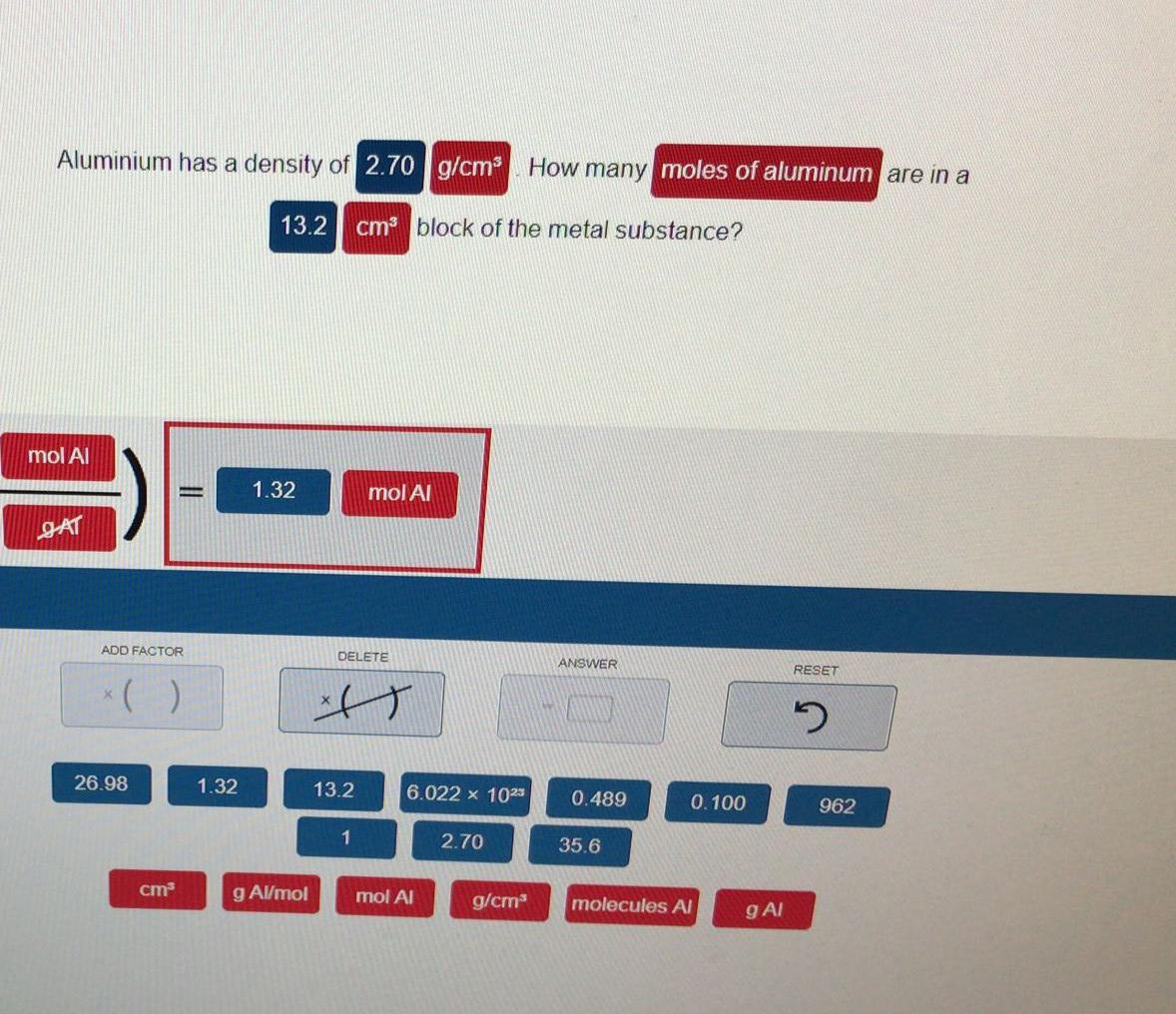 Solved Aluminium has a density of 2.70 g/cm How many moles