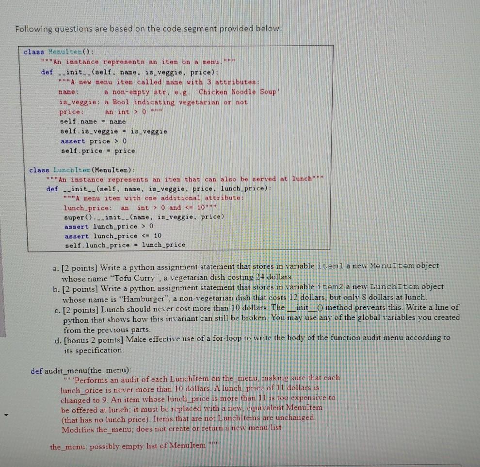 Solved Following questions are based on the code segment | Chegg.com