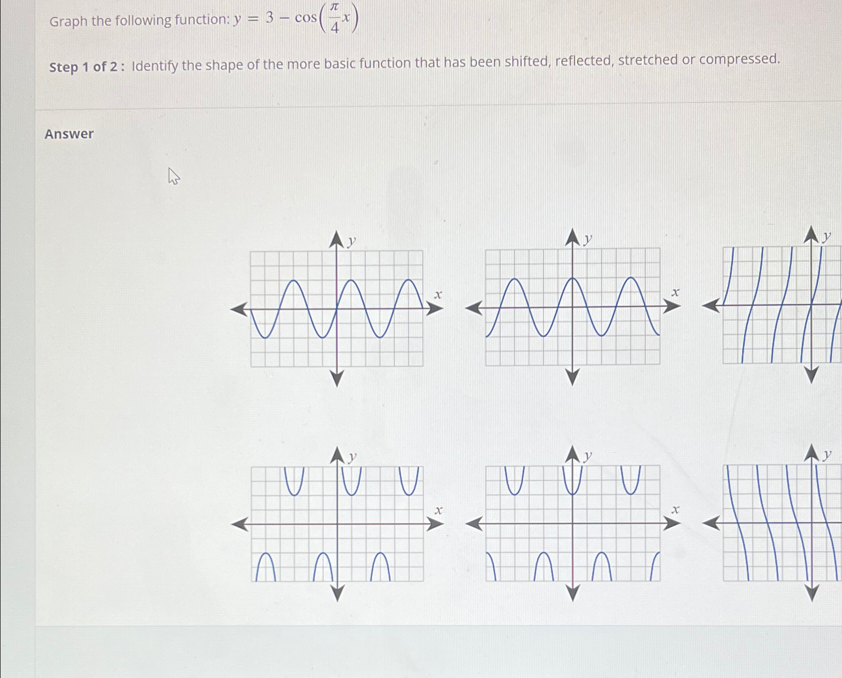 Solved Graph the following function: y=3-cos(π4x)Step 1 ﻿of | Chegg.com