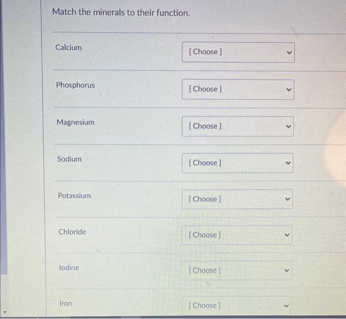 Solved Match the minerals to their function. Calcium Chegg