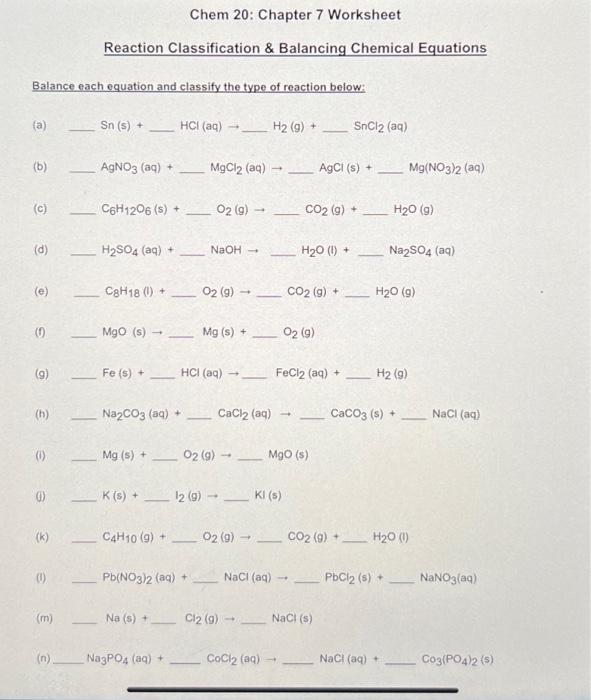 Solved Reaction Classification \& Balancing Chemical | Chegg.com