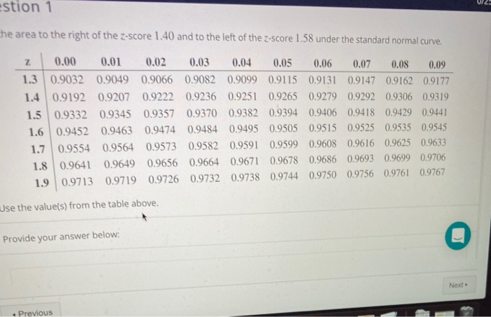 Solved 112 stion 1 che area to the right of the Z-score 1.40 | Chegg.com