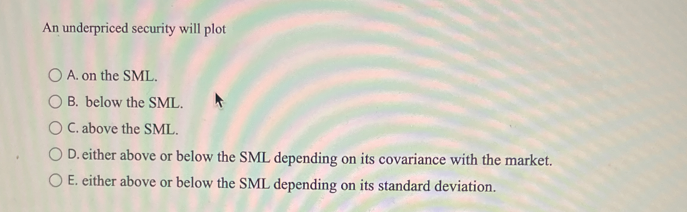 Solved An underpriced security will plotA. ﻿on the SML.B. | Chegg.com