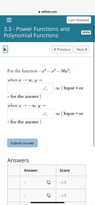 Solved edfinity.com I am finished 3.3 - Power Functions and | Chegg.com