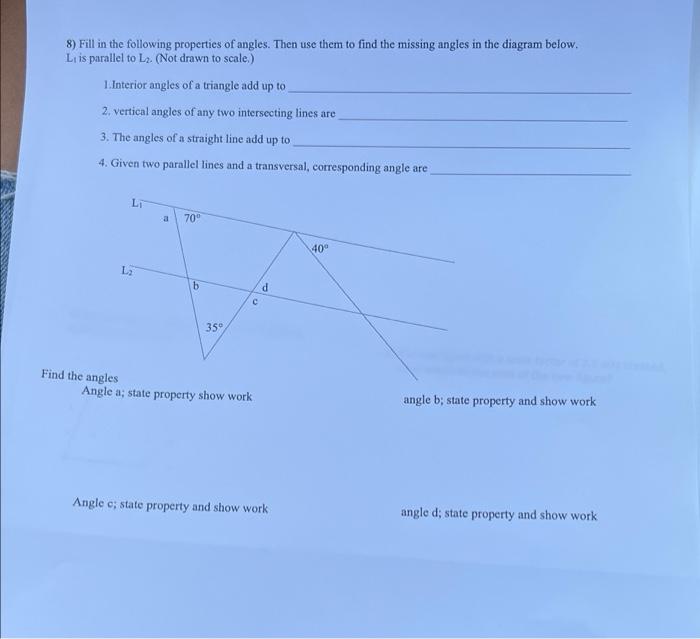 Solved 8) Fill in the following properties of angles. Then | Chegg.com
