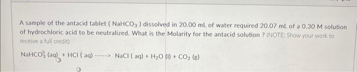 Solved A sample of the antacid tablet (NaHCO3 ) dissolved in | Chegg.com