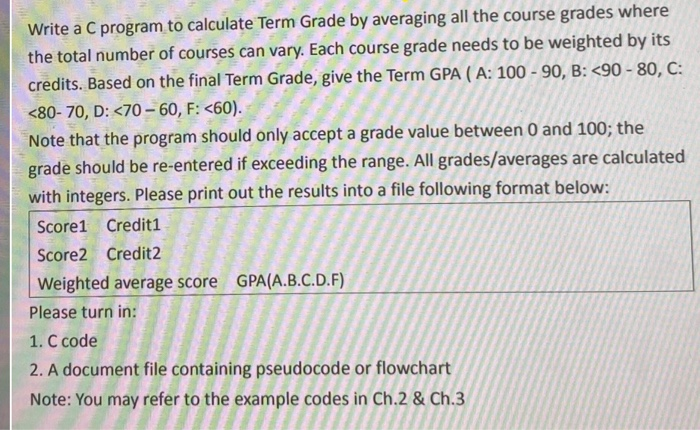 Solved Write a C program to calculate Term Grade by | Chegg.com