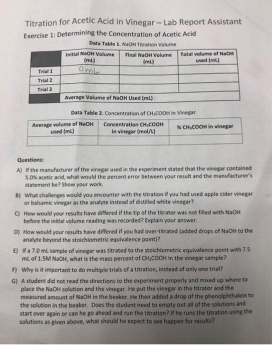 Solved Titration for Acetic Acid in Vinegar Lab Report