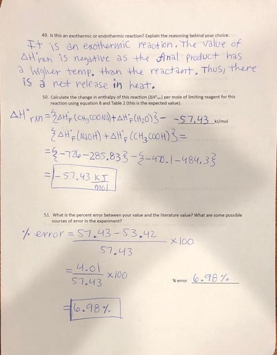 Solved Part 1. Experiment I: Thermochemistry Lab Report/Data | Chegg.com