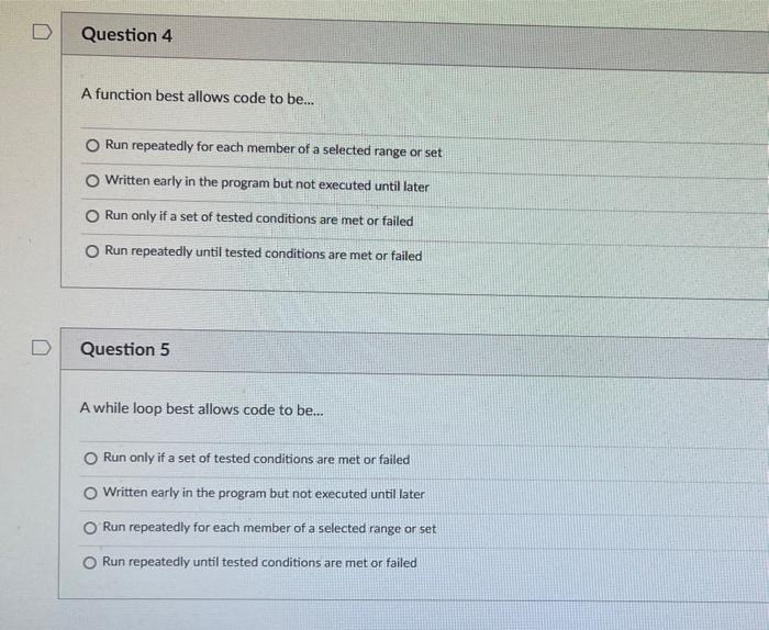 Solved D Question 4 A function best allows code to be... Run