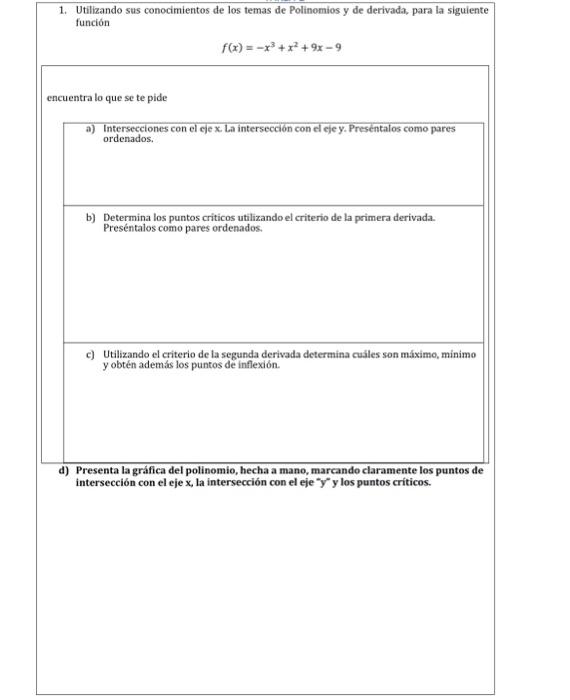 1. Utilizando sus conocimientos de los temas de Polinomios y de derivada, para la siguiente función \[ f(x)=-x^{3}+x^{2}+9 x-