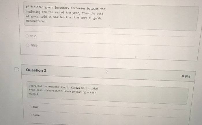 Solved If finished goods inventory increases between the | Chegg.com