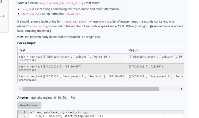 Write a function new_task(task_1d, start_steing) that takes:
- task_id a list of strings containing the tasks name and other