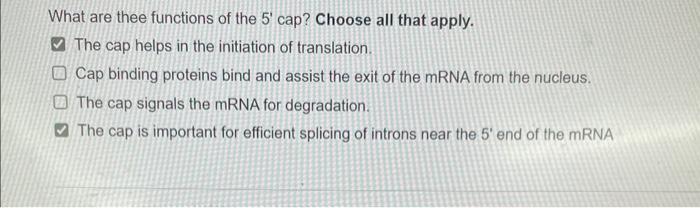 Solved What are thee functions of the 5′ cap? Choose all | Chegg.com