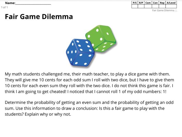 Solved P/SR/P Com Con Rep A/Level Name: 1 of 1 Fair Game | Chegg.com