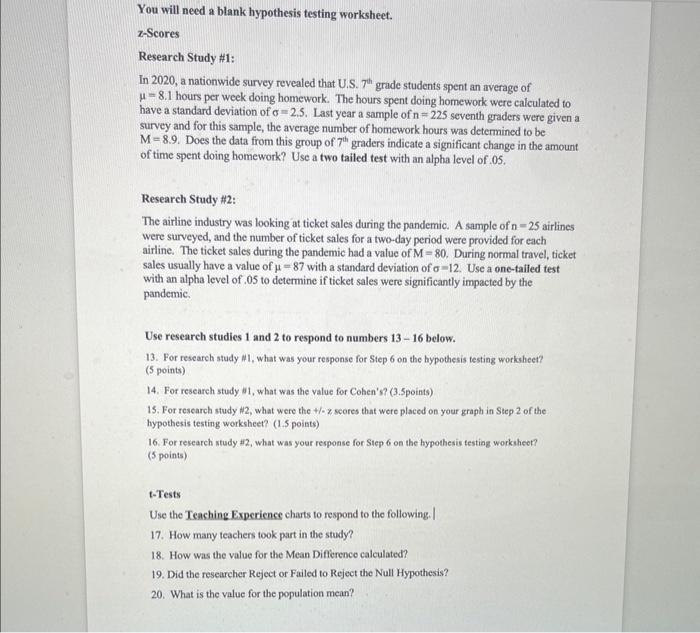 Solved You will need a blank hypothesis testing worksheet.
