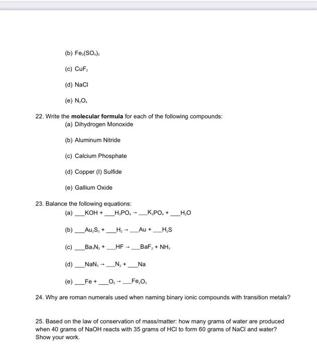 Solved (b) Fe (SO.) (c) CUF, (d) Naci (e) N.O. 22. Write the | Chegg.com