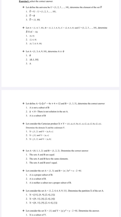 Exerciselect the correct answer La define the universe be U-1.2.3...10, determine the element of the + 7 = 0 {1,2,3... 10. 3.