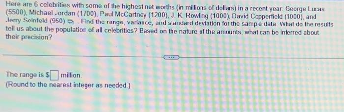 Solved Here are 6 celebrities with some of the highest net | Chegg.com