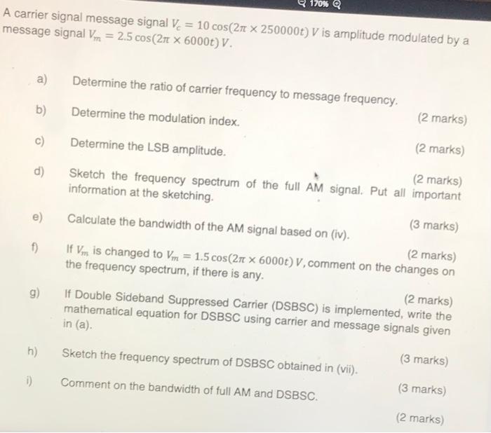 Solved 170% a A carrier signal message signal V = 10 cos(27 | Chegg.com
