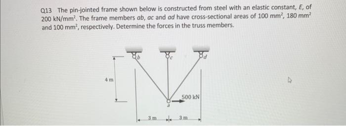 Q13 The pin-jointed frame shown below is constructed from steel with an elastic constant, \( E \), of \( 200 \mathrm{kN} / \m