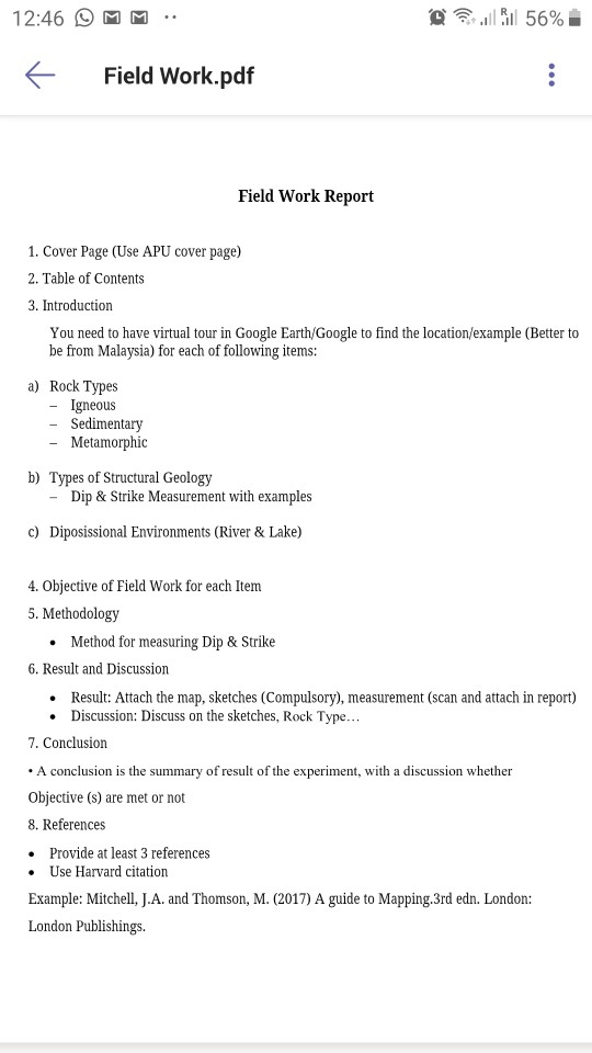 12:46 MM il 56% Field Work.pdf Field Work Report 1. | Chegg.com