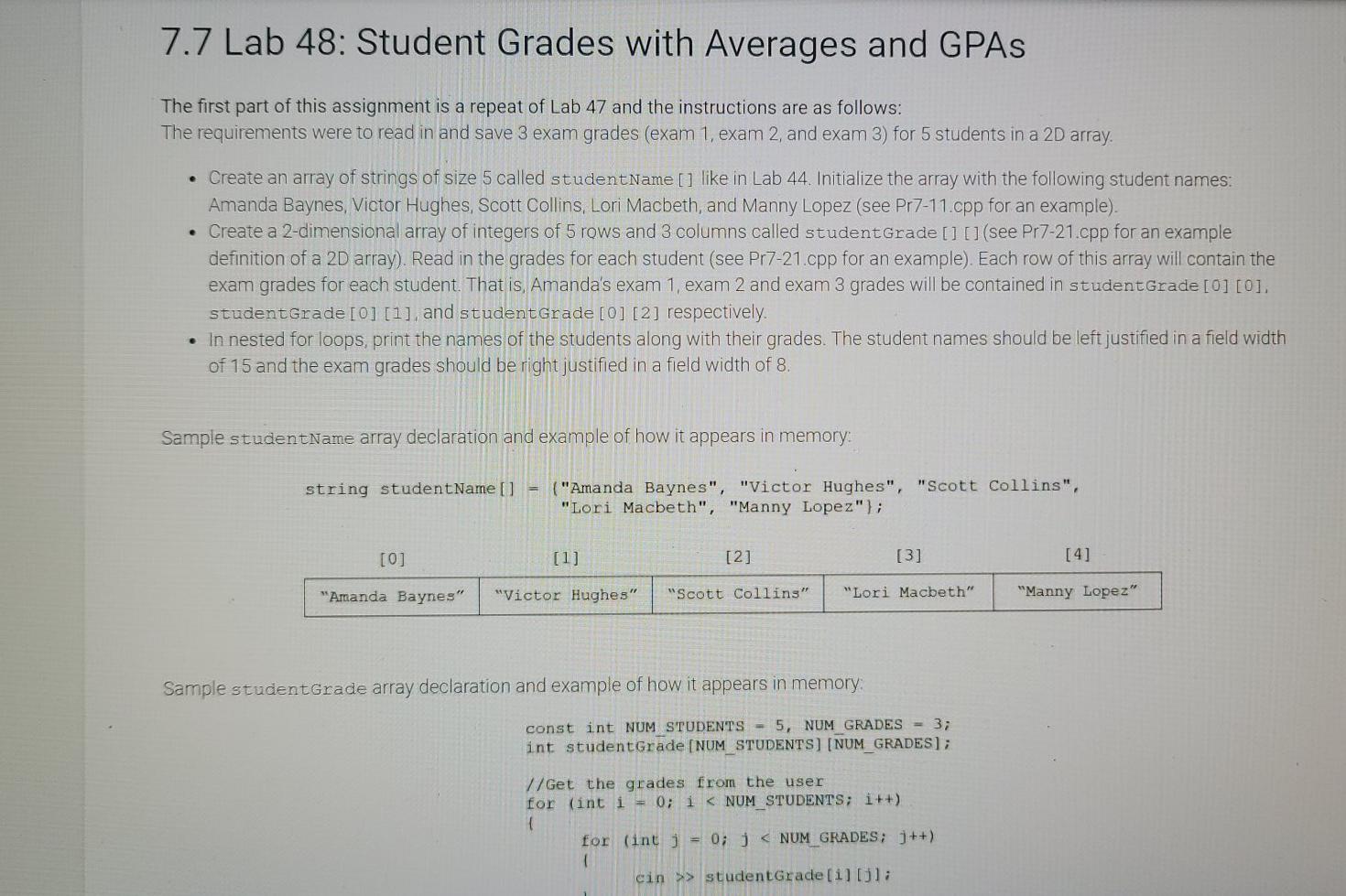 Solved 7.7 Lab 48: Student Grades with Averages and GPAs The | Chegg.com