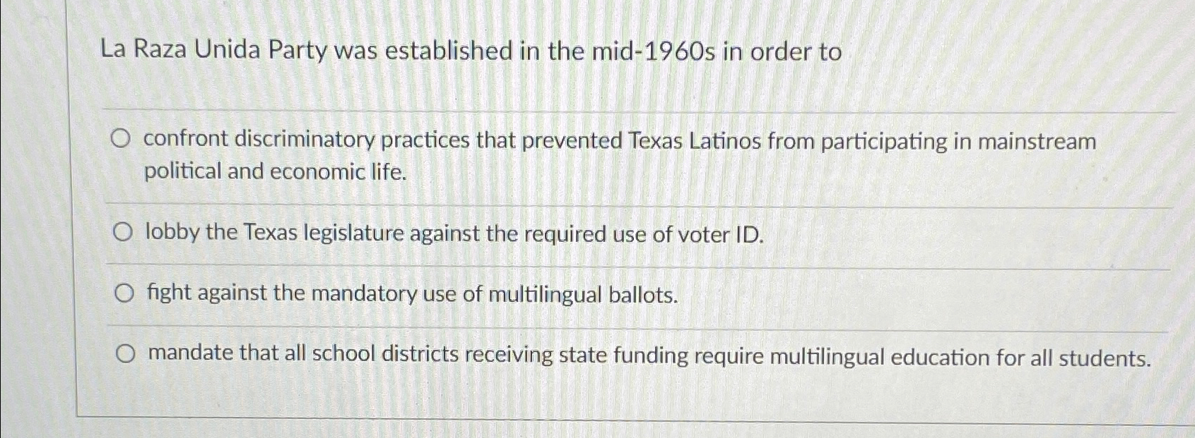 Solved La Raza Unida Party was established in the mid-1960s | Chegg.com