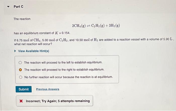 Solved Part B The following reaction was carried out in a | Chegg.com